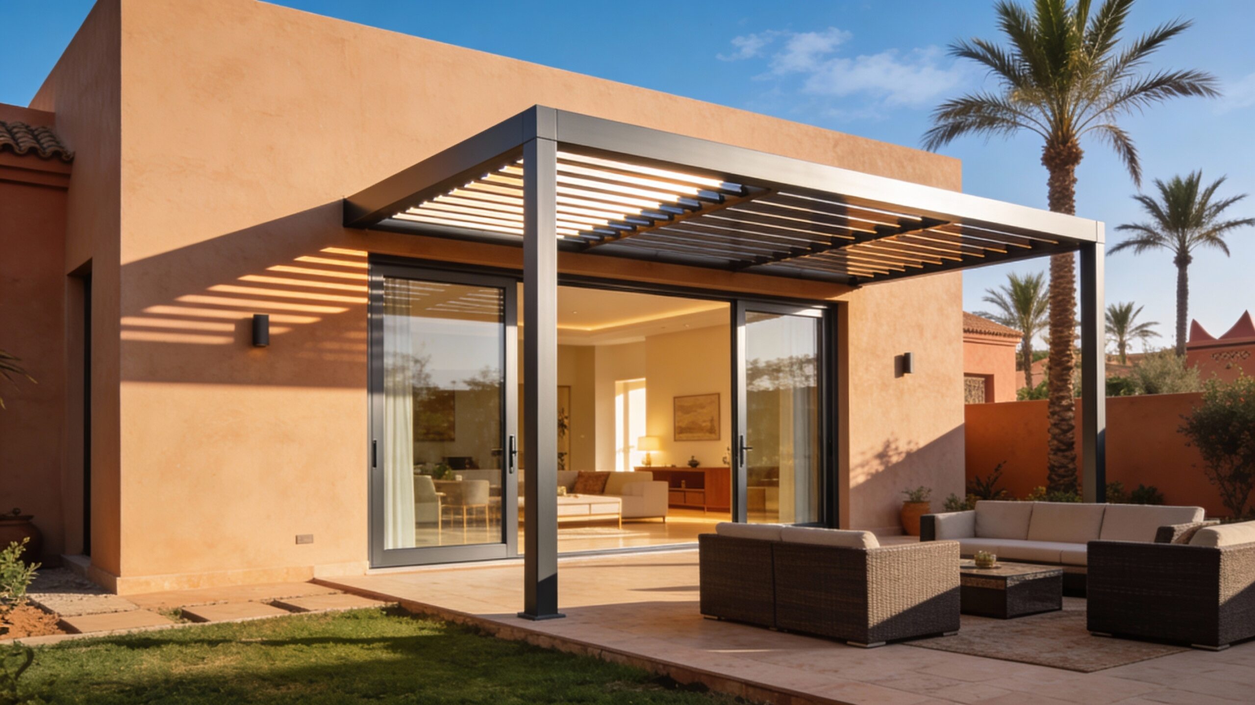 Baies vitrées et pergolas : créer des ouvertures lumineuses tout en maîtrisant la chaleur à Marrakech